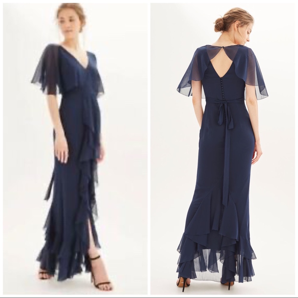 Topshop Wedding Navy Angel Sleeve Ruffled Train Detail Gown 4 EUC
